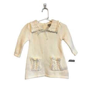 Tahari Baby cream sweater dress collared bow pockets cable knit. Size 3-6 mon.